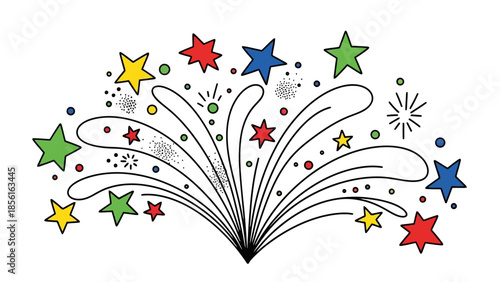 Vibrant and colorful cartoon fireworks explosion with stars celebrating a special event on an isolated white background.