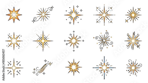 Diverse collection of starburst, sparkle, and glitter effect design elements on an isolated white background.