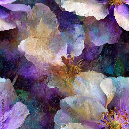 Floral pattern with textured brush strokes featuring white, violet and golden flower elements