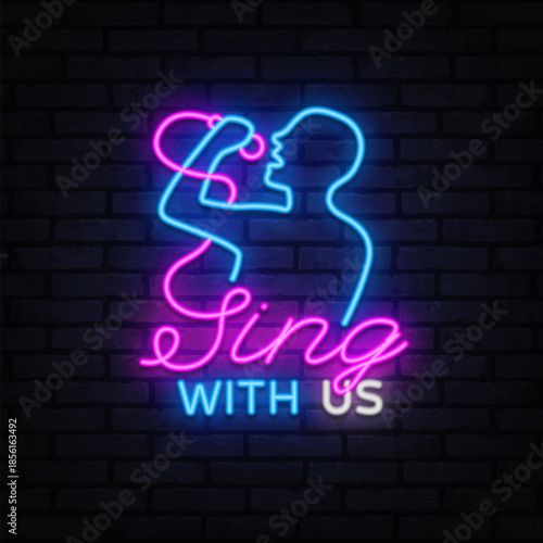 Silhouette of a singer with glowing mic and the phrase Sing With Us. Vibrant neon style for karaoke flyers or vocal events.