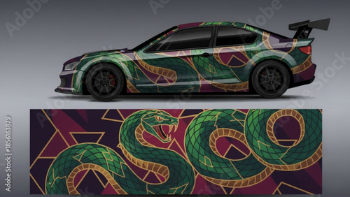 Custom car wrap design featuring a detailed green and gold snake with geometric patterns on a dark background.