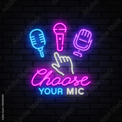 Colorful neon composition with three microphones and hand pointer, Choose Your Mic text below. Fun for music apps or studio themes.