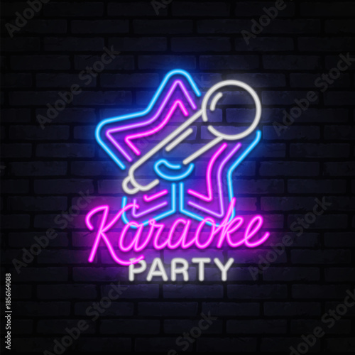 Neon star with microphone and stylish script Karaoke Party text. Great for nightlife posters, bars or music-themed promotions.