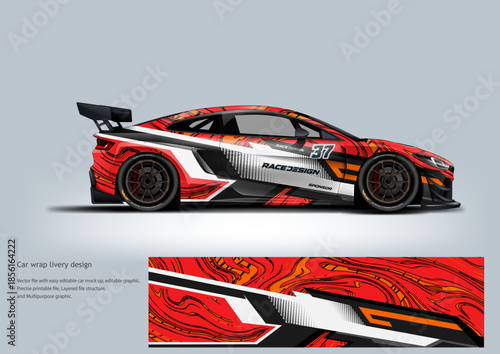Stylish automotive wrap design showcasing dynamic stripe elements on a modern hatchback vehicle. Suitable for visual presentations related to transportation, vehicle customization, and graphic design 