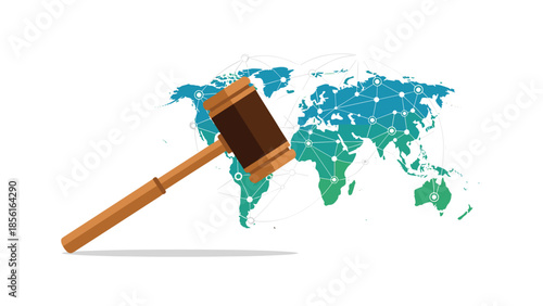 Judge's gavel resting on a world map with a network overlay, symbolizing international law, global justice, and diplomacy.