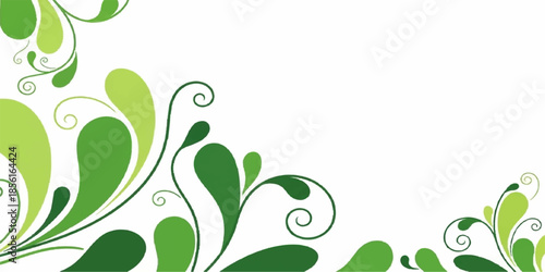 An abstract green floral nature background features a vector pattern of summer leaves, spring flowers, and butterflies among swirling branches and grass elements for a beautiful art decoration