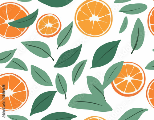 Hand-drawn style illustration showcases a half-cut tangerine fruit with leaf

