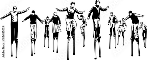 Black and white illustration of people on stilts performing a sh

