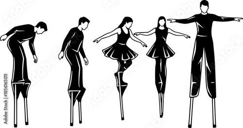 Black and white illustration of people on stilts performing a sh
