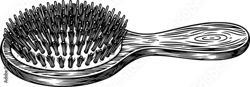 Elegant woodcut illustration of a classic hairbrush with wooden

