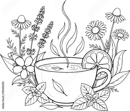 Elegant hand-drawn illustration of herbal tea with flowers and p
