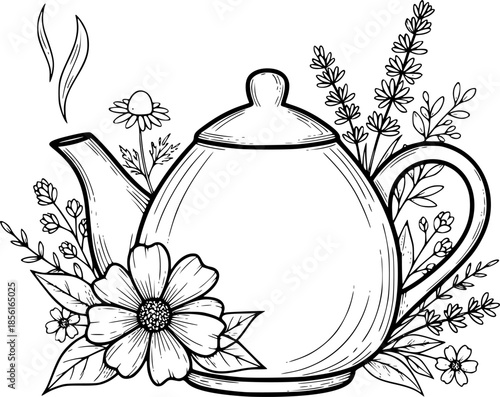 Elegant hand-drawn illustration of herbal tea with flowers and p
