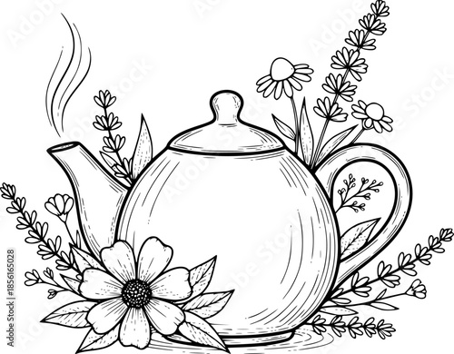 Elegant hand-drawn illustration of herbal tea with flowers and p
