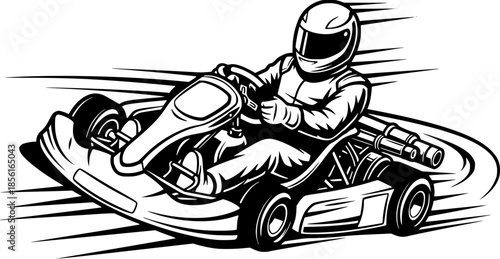 Illustration of a go-kart racer in action, black and white desig
