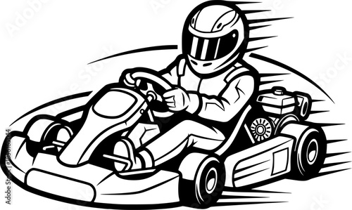 Illustration of a go-kart racer in action, black and white desig
