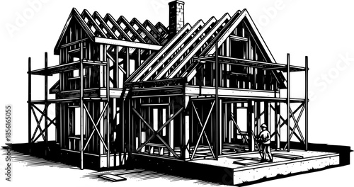 Architectural woodcut style drawing of a home under construction
