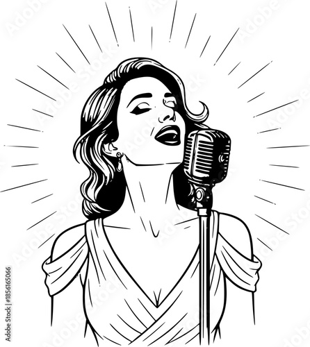Elegant monochrome illustration of a radiant woman singing on st
