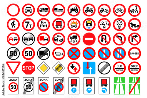 Road signs. International road signs set isolated on white background. Traffic signs. Vector illustration