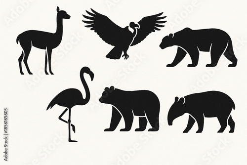 Bolivian wildlife flat icon set with native animal silhouettes on white background