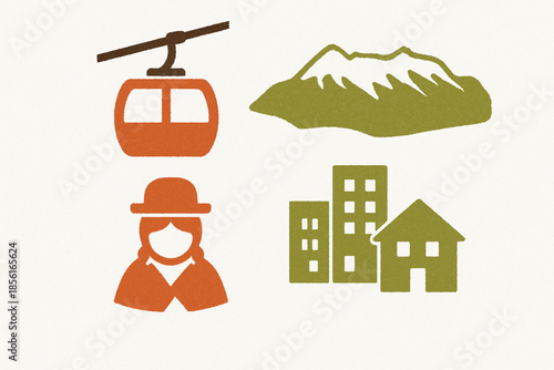 La Paz city flat icon set with cable car and mountain symbols on white background