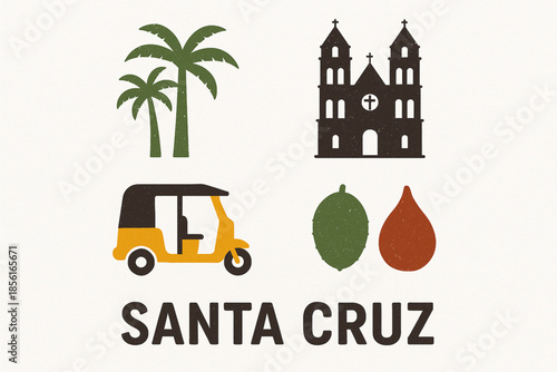 Santa Cruz Bolivia flat city icon set with tropical urban symbols on white background