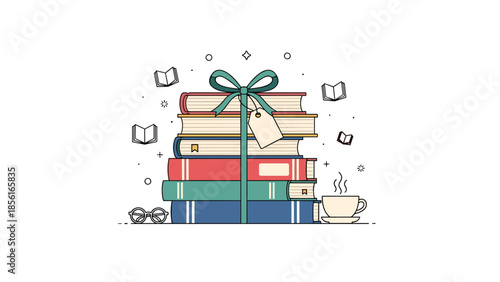 Stack of books tied with a green ribbon and tag, accompanied by eyeglasses, small books, and a cup of coffee for a cozy reading experience.