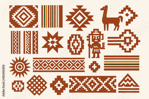 Bolivian textile flat icon set with traditional woven patterns on white background