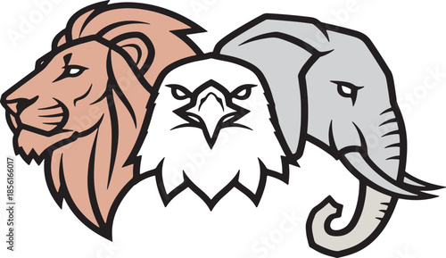 Lion Eagle Elephant Vector Emblem Logo in Bold Flat Mascot Style