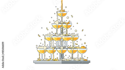 Champagne overflowing from a tall, multi-tiered tower of champagne glasses with abundant bubbles and festive confetti.