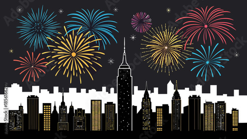 Urban City Skyline Silhouette Celebrating New Year 2026 with Fireworks Display Backdrop, Vector Illustration for Holiday Cards