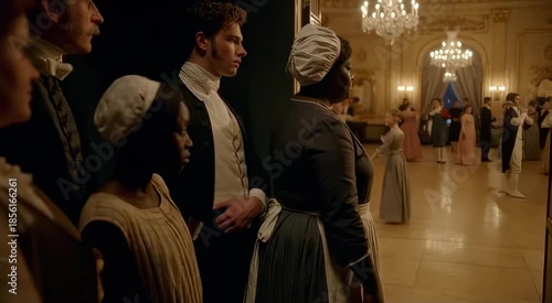 In this elegant video, guests in historical attire gather in a grand ballroom lit by chandeliers. The atmosphere is filled with anticipation and grace as they prepare for a lavish evening of dancing a