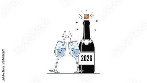 Lively line art illustration of an uncorked champagne bottle labeled 2026, with two glasses clinking in a festive New Year's toast.