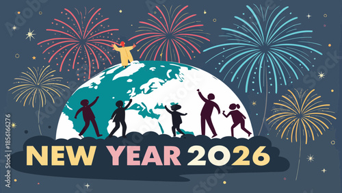 Global World Globe Silhouette with Happy New Year 2026 and Festive Fireworks for Worldwide Celebration, Vector Art