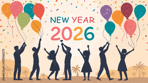 Crowd of People Silhouette During New Year 2026 Countdown Moment with Raised Hands in Celebration, Vector Illustration