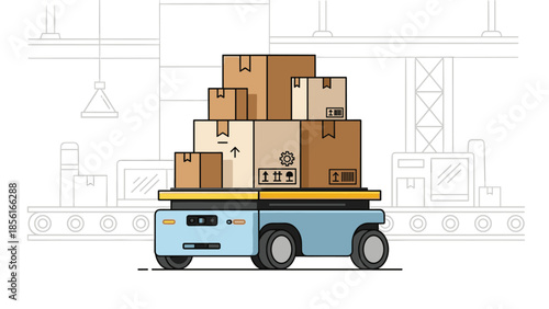 Automated guided vehicle (AGV) transporting stacked cardboard boxes through a modern factory or warehouse, showcasing efficient logistics.