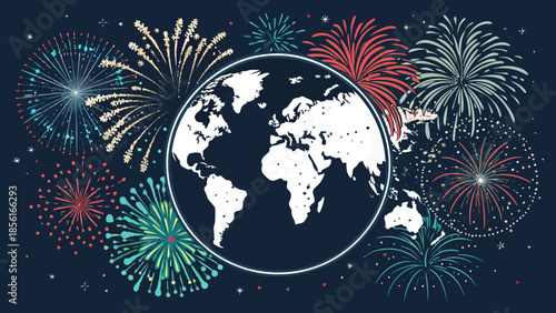Worldwide New Year 2026 Celebration Silhouette with World Globe and Fireworks Backdrop, Vector Illustration