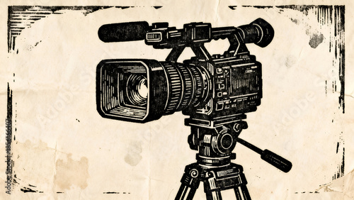 2D Charcoal Pencil Sketch of Professional Video Camera on Tripod with Strong Silhouette