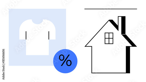 Ecommerce, shopping, discounts, budgeting, housing essentials, clothing. Simplistic design showing a t-shirt, house and percentage symbol. Ecommerce and shopping