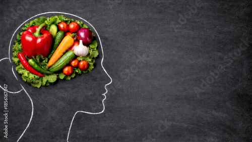 Silhouette of a female human head filled with vegetables. Healthy eating