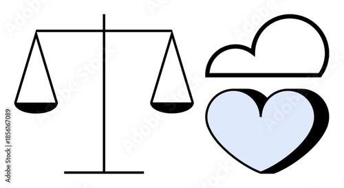 Justice, ethics, fairness, balance, compassion, law. Minimalist balance scale alongside a heart under a cloud. Justice and ethics merge with compassion and balance in this concept