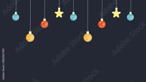Colorful Christmas balls decorations on dark background. 4K Video motion graphic