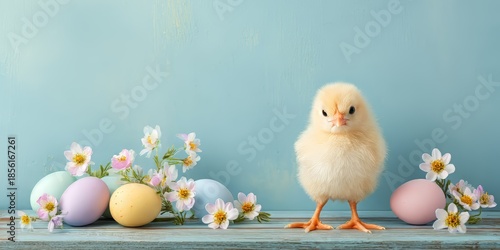 Small cute baby chick with colorful Easter eggs and delicate spring flowers on wooden table for greeting card design. Easter concept.