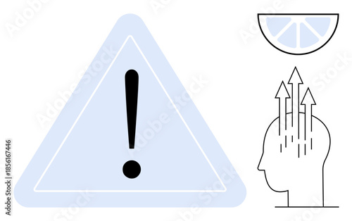 Warning concept. Warning sign paired with creative human head graphic and growing upward arrows. Warning for decision-making, critical thinking, safety awareness, or mindset growth. Business