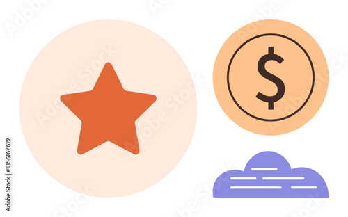 Red star, orange dollar coin, and purple cloud on soft-toned background. Ideal for business, finance, technology, branding, growth creativity and achievement. Simple flat metaphor