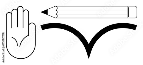 Education, learning, design tools, boundaries, creativity, focus. A hand, pencil and curved shape arranged in black and white. Education and creativity concept highlighting boundaries and tools