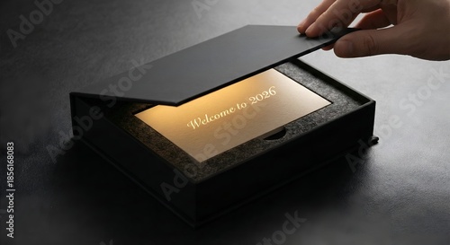 A professional product shot of a high-end matte black box being opened. Inside, a glowing card says 