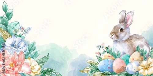 Cute bunny surrounded by watercolor florals and decorated Easter egg. Easter celebration background with copy space for greeting card.