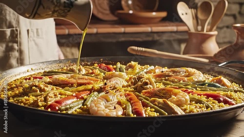 Saffron Paella Dish with Seafood and Vegetables.