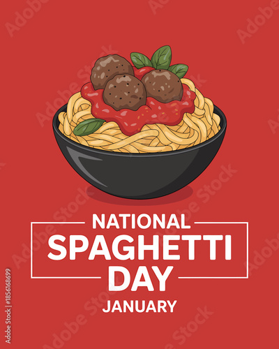 Colorful illustration of spaghetti bowl celebrating national spaghetti day in January