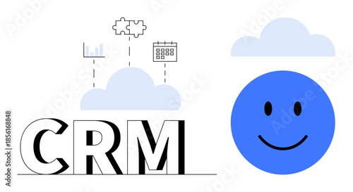 CRM cloud concept. CRM with cloud storage solutions, integration of tools thumbs up charts and calendars, and client relationship management. CRM for business growth, data, teamwork, marketing